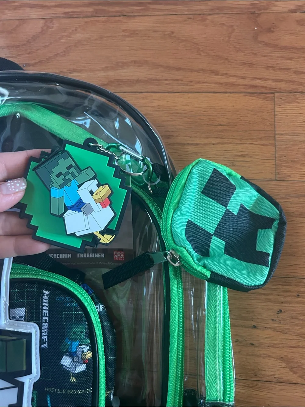NWT Minecraft 17” clear backpack, lunch bag, pouch, keyring & carabiner 5pcs set